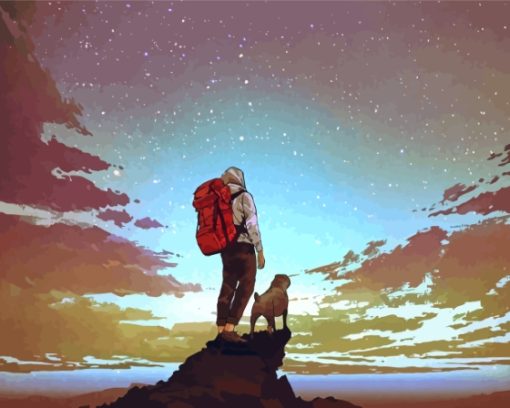 Man Hiking With Dog Diamond Paintings