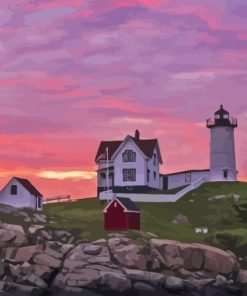Nubble Lighthouse York Maine At Sunset Diamond Painting