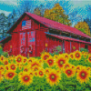 Old Red Barn And Sunflowers Diamond Painting