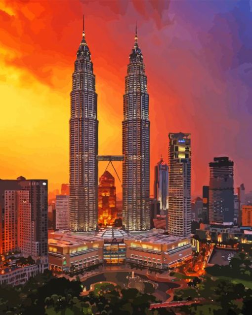 Petronas Twin Towers Kuala Lumpur Sunset Diamond Painting