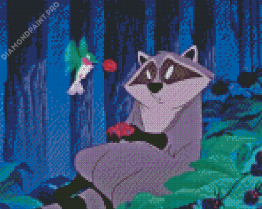 Cartoon Hummingbird And Raccoon Diamond Painting