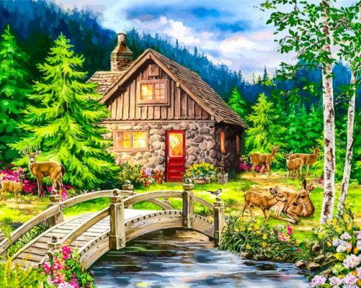 Countryside With Old Cottage And Wooden Bridge By Diamond Painting