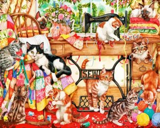 Cute Cats In A Sewing Room Diamond Painting