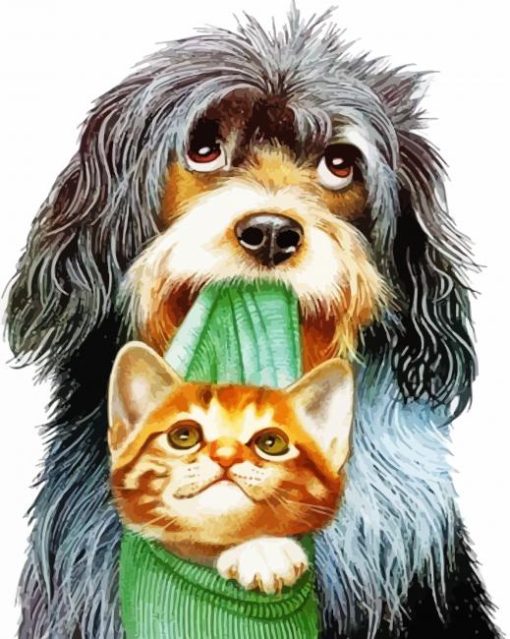 Dog Holding Cat In Mouth Diamond Painting