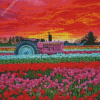 Pink Tractor In Flowers Field At Sunset Diamond Painting