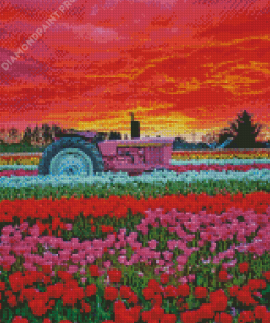 Pink Tractor In Flowers Field At Sunset Diamond Painting