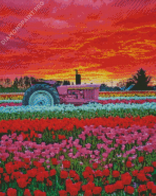 Pink Tractor In Flowers Field At Sunset Diamond Painting