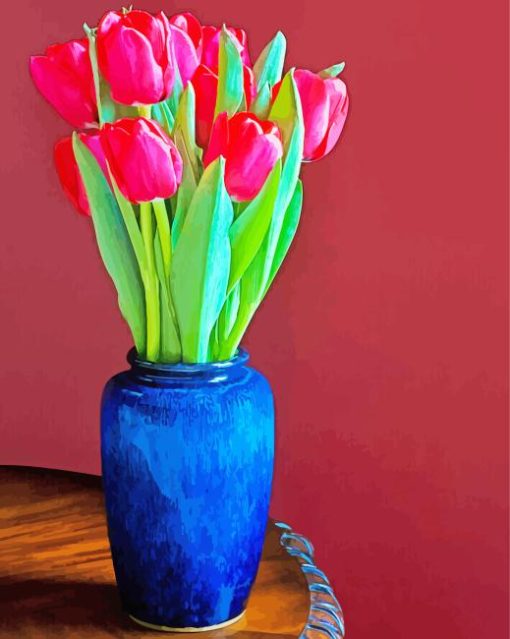 Pink Tulips In Blue Vase Diamond Painting
