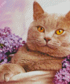 Purple Flowers Cat Diamond Painting