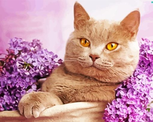 Purple Flowers Cat Diamond Painting
