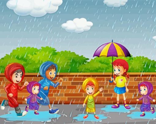 Children Running In The Rain Diamond Painting