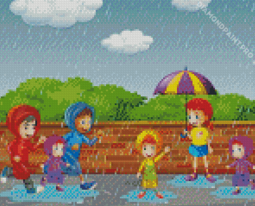 Children Running In The Rain Diamond Painting