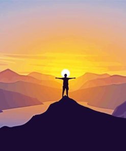Man Silhouette Standing On Top Of Hill At Sunset Diamond Painting