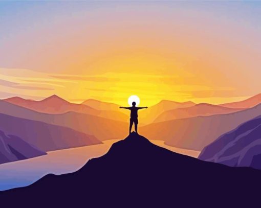 Man Silhouette Standing On Top Of Hill At Sunset Diamond Painting