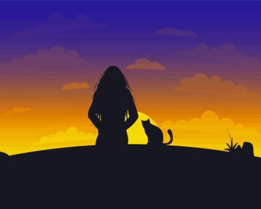 Girl And Her Cat Silhouette Diamond Painting