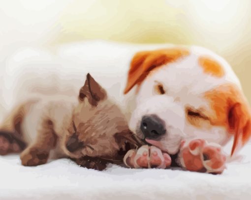 Puppy And Kitten Sleeping Diamond Painting