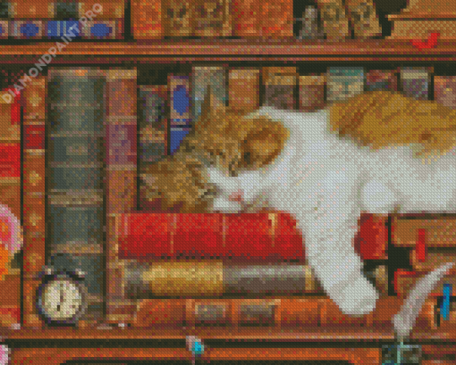 Cat Sleeping In Bookcase Diamond Painting