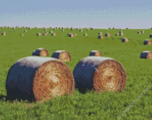 Round Hay Bales In Green Field Diamond Painting