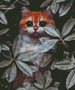 Cat Behind Leaves Diamond Painting