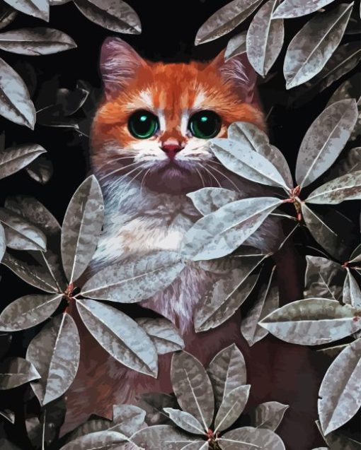 Cat Behind Leaves Diamond Painting