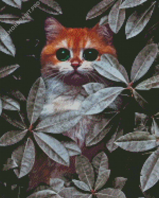 Cat Behind Leaves Diamond Painting