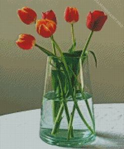 Glass Vase And Red Tulips Flower Diamond Painting