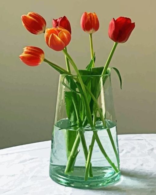 Glass Vase And Red Tulips Flower Diamond Painting