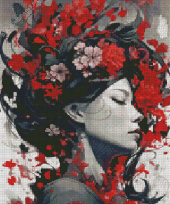 Japanese Girl And Red Flowers Diamond Painting