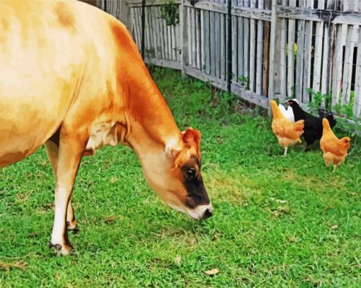 Brown Cow And Chickens Diamond Painting