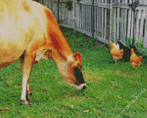 Brown Cow And Chickens Diamond Painting