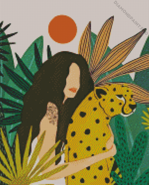 Jungle And Woman With Leopard Diamond Painting