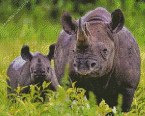 Mom And Baby Black Rhino Diamond Painting